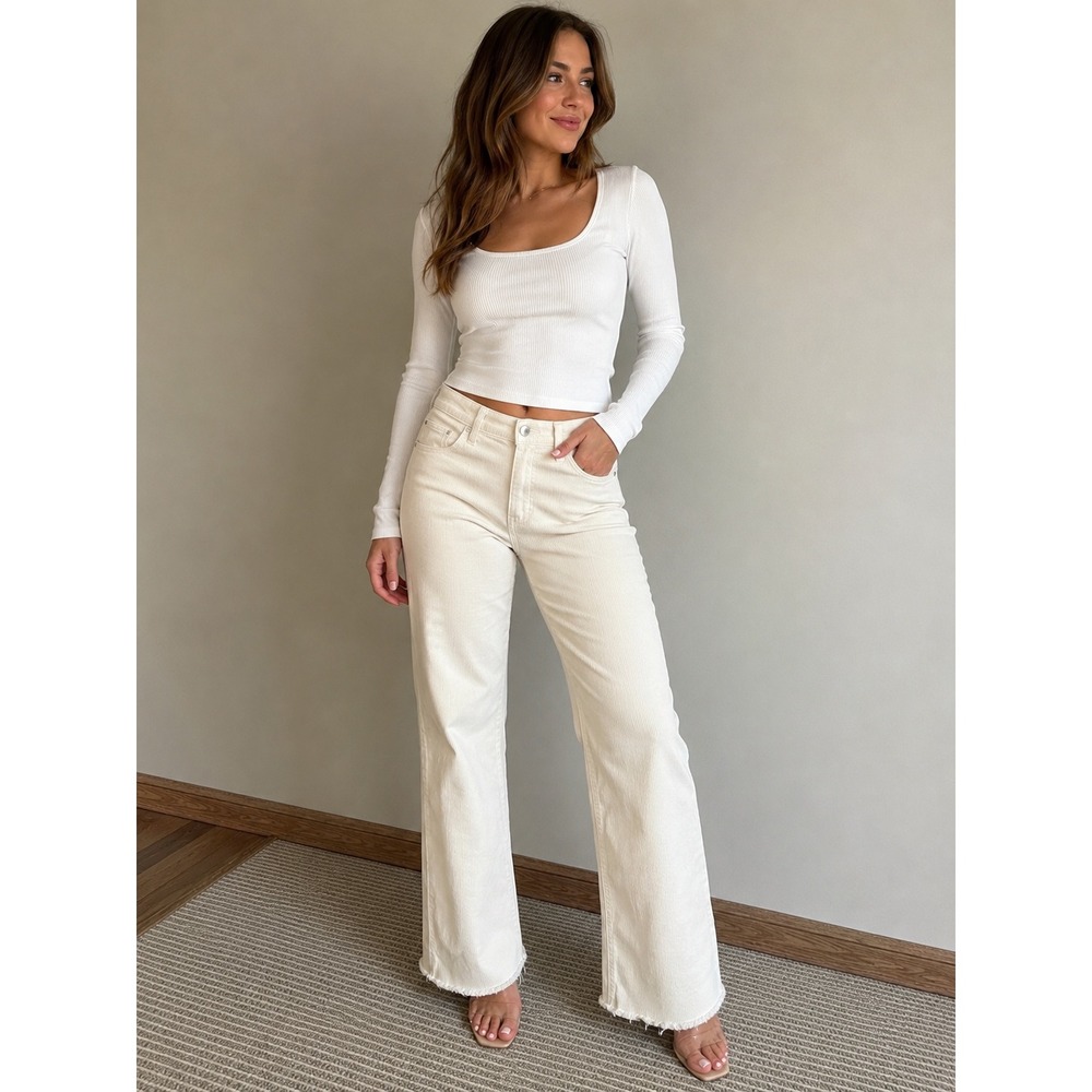 DL1961 Bridget Boot Semi‎ Flare Corduroy Pants Women Size 29 Ivory Cream Raw Hem